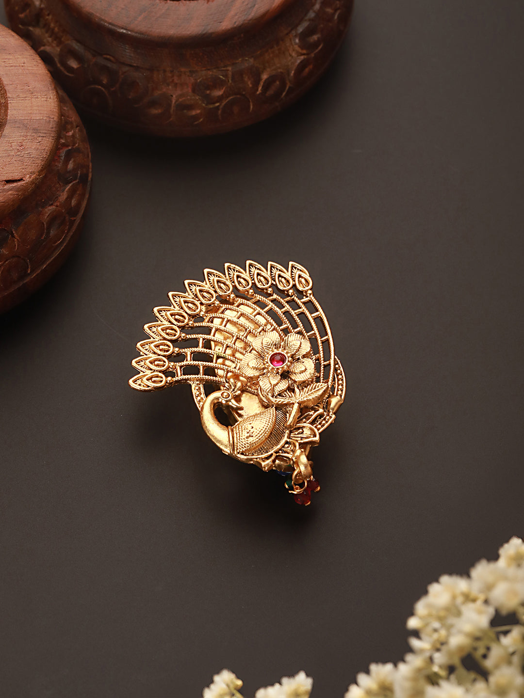 Gold Plated Peacock Floral Broach Saree Pin